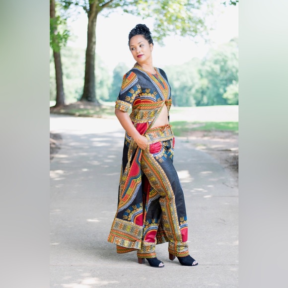 Handmade Black African Print Ankara Dashiki Two Piece Pants Set - Picture 2 of 6